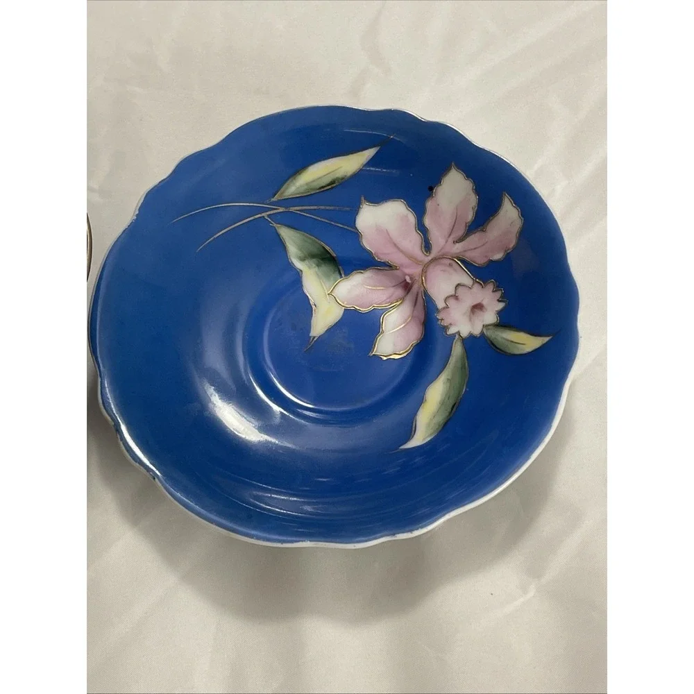 Vintage Sealy China Made In Japan Teacup & Saucer Hand Painted Blue, Pink Orchid